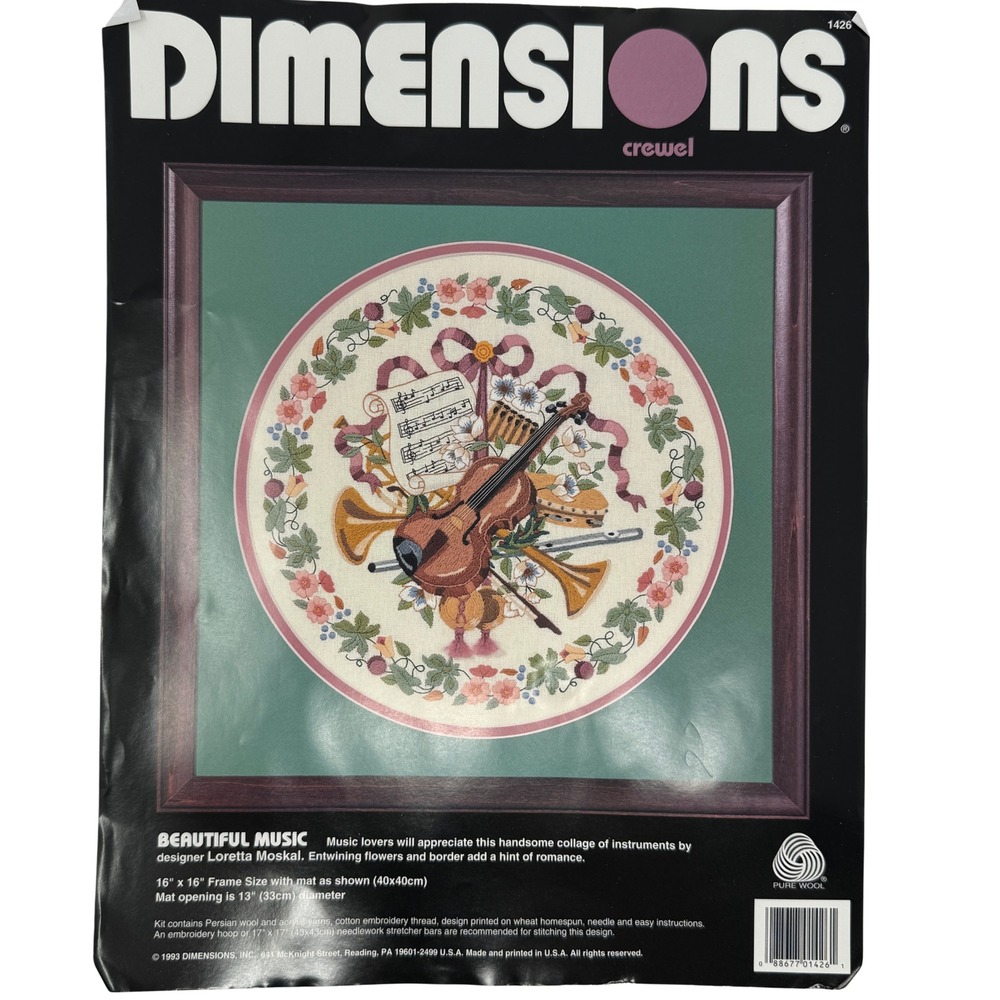 Vintage Dimensions Crewel Kit Beautiful Music‎ 1426 Embroidery 1993 USA